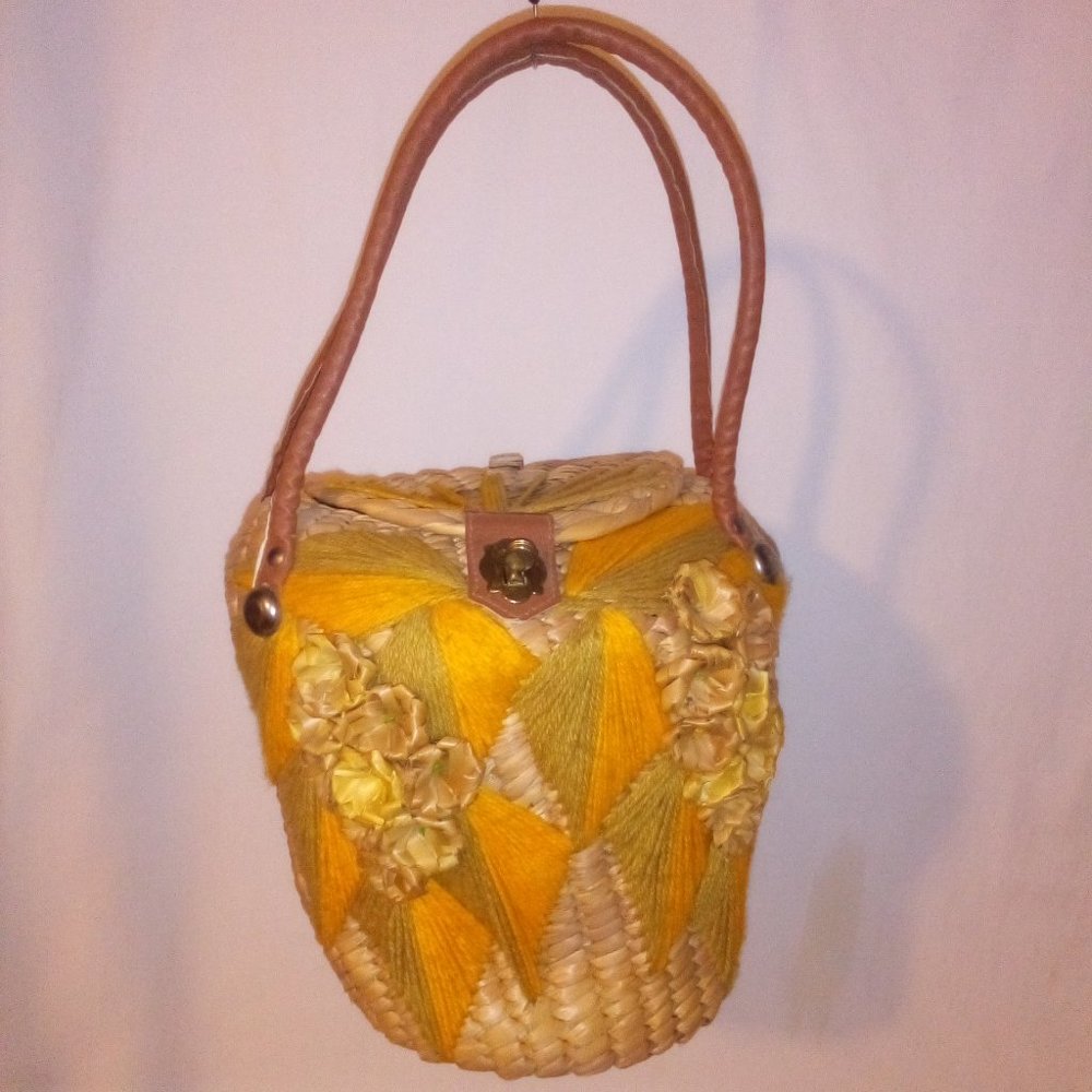 Handbag: Vintage Retro Straw Woven with Yarn